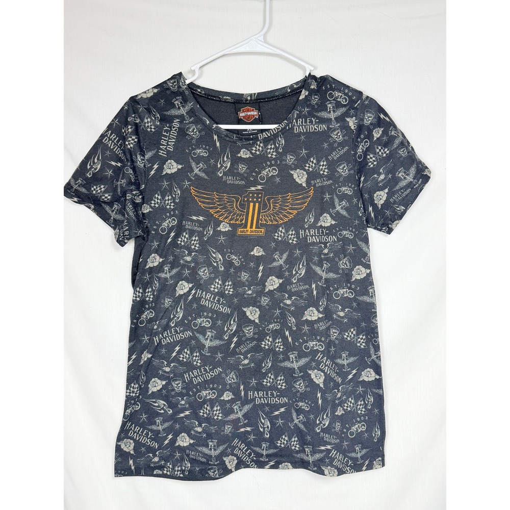 Harley-Davidson Womens T-Shirt XL Black All Over Print Tattoo Biker Top Short